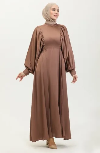 Robe De Soirée Satin Manches Ballon 6020A-04 Brun Lait 6020A-04