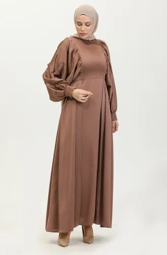 Robe De Soirée Satin Manches Ballon 6020A-04 Brun Lait 6020A-04