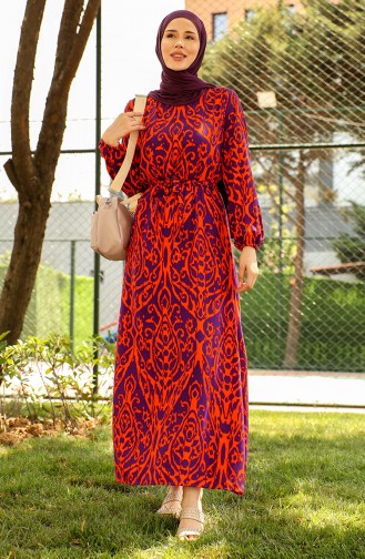Gemustertes Viskosekleid Mit Gürtel 0439-01 Orange 0439-01