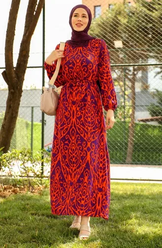 Patterned Belted Viscose Dress 0439-01 Orange 0439-01