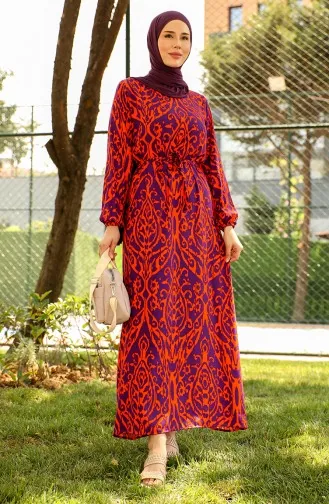 Patterned Belted Viscose Dress 0439-01 Orange 0439-01