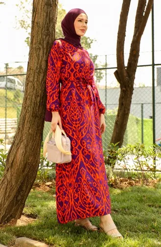 Patterned Belted Viscose Dress 0439-01 Orange 0439-01