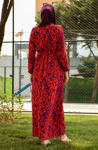 Patterned Belted Viscose Dress 0439-01 Orange 0439-01