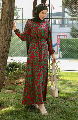 Robe Viscose A Motifs Et Ceinturée 0439-06 Vert 0439-06