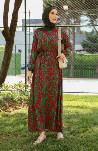 Robe Viscose A Motifs Et Ceinturée 0439-06 Vert 0439-06
