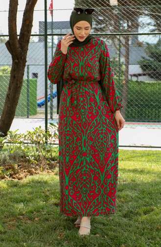 Robe Viscose A Motifs Et Ceinturée 0439-06 Vert 0439-06