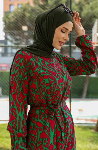 Robe Viscose A Motifs Et Ceinturée 0439-06 Vert 0439-06