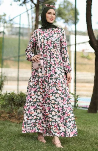 فستان فيسكوز بتصميم مورّد 0442-01 لون أخضر زمردي وزهري 0442-01