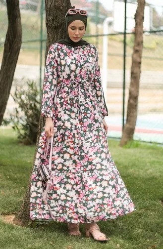 فستان فيسكوز بتصميم مورّد 0442-01 لون أخضر زمردي وزهري 0442-01