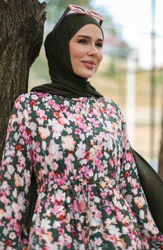 فستان فيسكوز بتصميم مورّد 0442-01 لون أخضر زمردي وزهري 0442-01