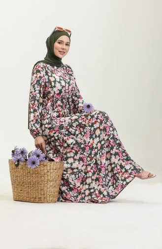 فستان فيسكوز بتصميم مورّد 0442-01 لون أخضر زمردي وزهري 0442-01