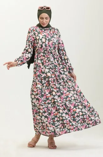 فستان فيسكوز بتصميم مورّد 0442-01 لون أخضر زمردي وزهري 0442-01