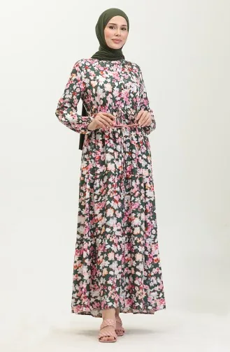 فستان فيسكوز بتصميم مورّد 0442-01 لون أخضر زمردي وزهري 0442-01