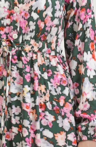 فستان فيسكوز بتصميم مورّد 0442-01 لون أخضر زمردي وزهري 0442-01