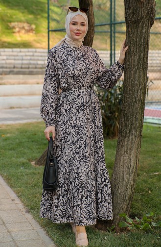 Desenli Viskon Elbise 0440-01 Siyah