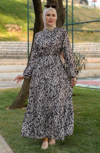 Desenli Viskon Elbise 0440-01 Siyah