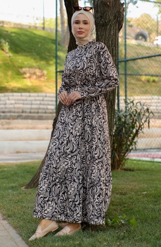 Desenli Viskon Elbise 0440-01 Siyah
