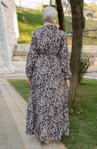 Desenli Viskon Elbise 0440-01 Siyah