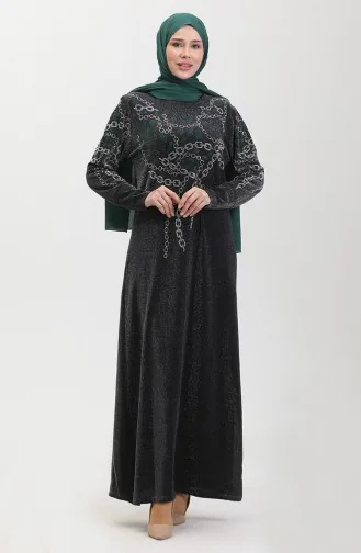 Taşlı Abiye Elbise 0433-01 Siyah Yeşil