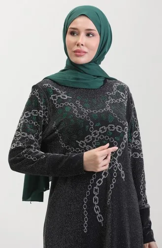 Taşlı Abiye Elbise 0433-01 Siyah Yeşil