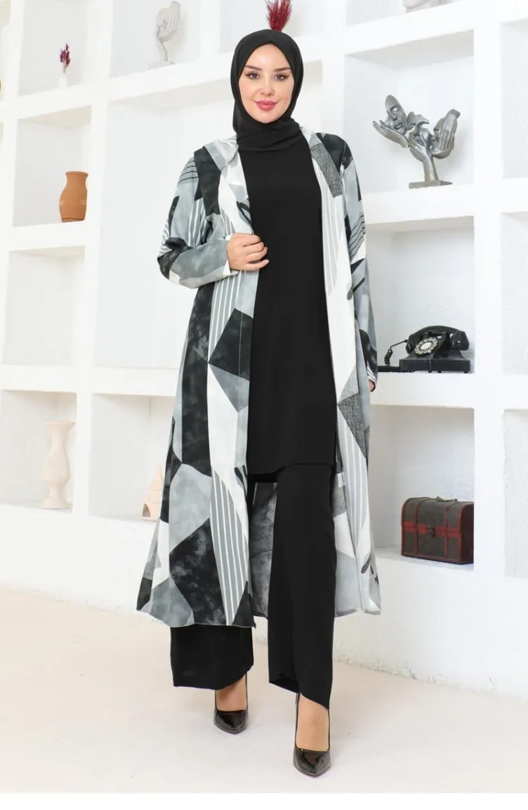 4027Sgs Geometric Patterned Hijab Suit Black 17103