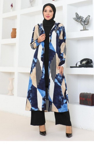 4027Sgs Geometric Patterned Hijab Suit Navy Blue 17104