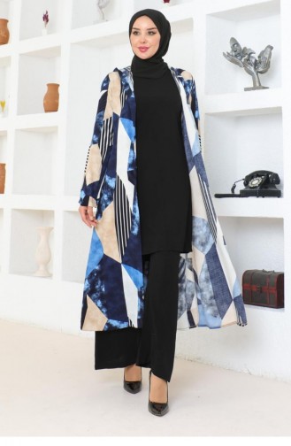 4027Sgs Geometric Patterned Hijab Suit Navy Blue 17104