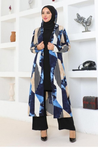 4027Sgs Geometric Patterned Hijab Suit Navy Blue 17104