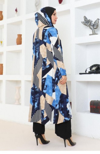 4027Sgs Geometric Patterned Hijab Suit Navy Blue 17104