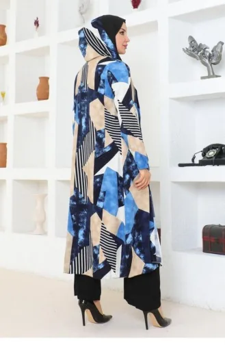 4027Sgs Geometric Patterned Hijab Suit Navy Blue 17104