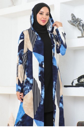 4027Sgs Geometric Patterned Hijab Suit Navy Blue 17104