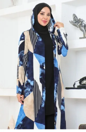 4027Sgs Geometric Patterned Hijab Suit Navy Blue 17104