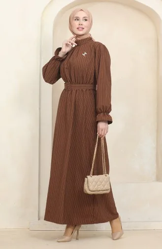 Striped Belted Dress 0434-03 Brown 0434-03