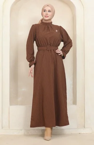 Striped Belted Dress 0434-03 Brown 0434-03