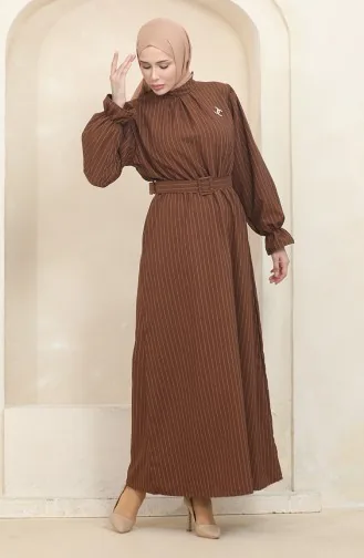 Striped Belted Dress 0434-03 Brown 0434-03