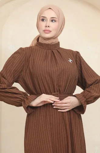 Striped Belted Dress 0434-03 Brown 0434-03