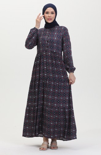Gemustertes Viskosekleid Mit Knöpfen 0441-02 Marineblau Weinrot 0441-02