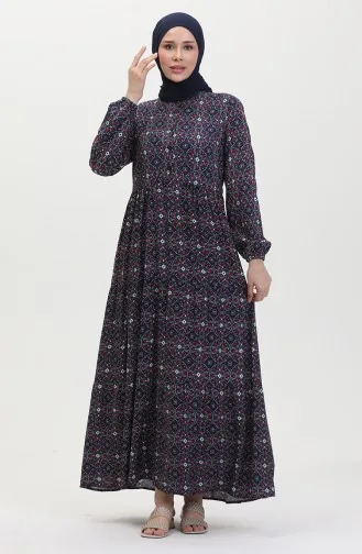 Viscose-jurk Met Patroon En Knopen 0441-02 Marineblauw Bordeauxrood 0441-02