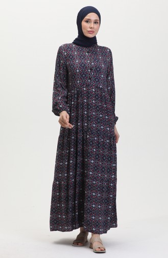 Gemustertes Viskosekleid Mit Knöpfen 0441-02 Marineblau Weinrot 0441-02