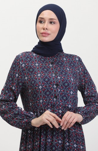 Gemustertes Viskosekleid Mit Knöpfen 0441-02 Marineblau Weinrot 0441-02