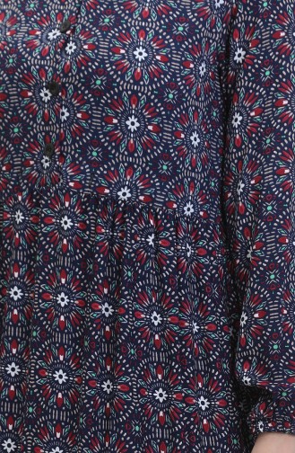 Gemustertes Viskosekleid Mit Knöpfen 0441-02 Marineblau Weinrot 0441-02