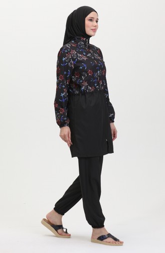 Hijab-Badeanzug Mit Ankermuster Und Elastischem Bund 5038-02 Rot Schwarz 5038-02