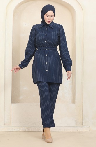 Geknöpfter Gestreifter Anzug 0435-03 Marineblau 0435-03