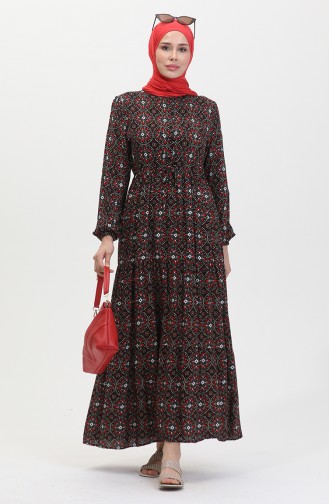 Patterned Buttoned Viscose Dress 0441-01 Black Red 0441-01