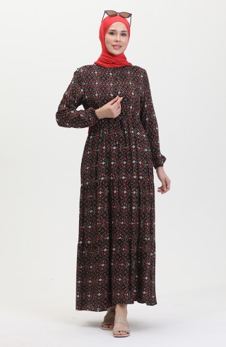 Patterned Buttoned Viscose Dress 0441-01 Black Red 0441-01