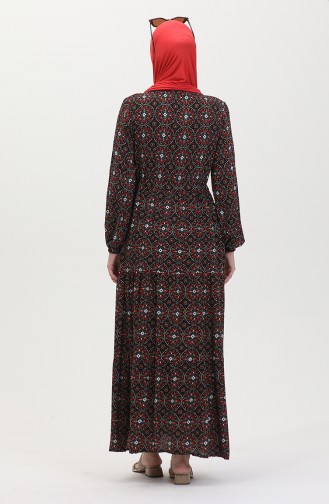 Patterned Buttoned Viscose Dress 0441-01 Black Red 0441-01
