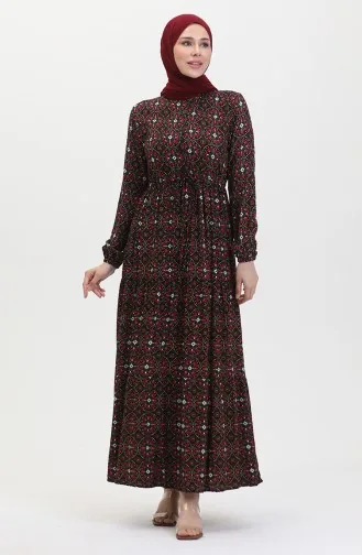 Viscose-jurk Met Patroon En Knopen 0441-03 Zwart Fuchsia 0441-03