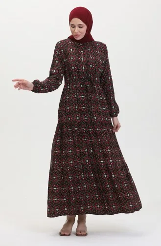 Viscose-jurk Met Patroon En Knopen 0441-03 Zwart Fuchsia 0441-03