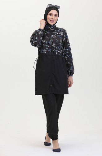 Maillot De Bain Hijab Taille Elastique à Motifs Ancre 5038-01 Noir Bleu 5038-01