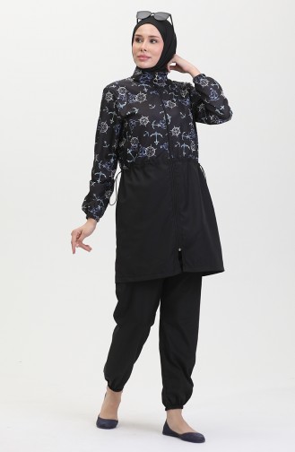 Maillot De Bain Hijab Taille Elastique à Motifs Ancre 5038-01 Noir Bleu 5038-01